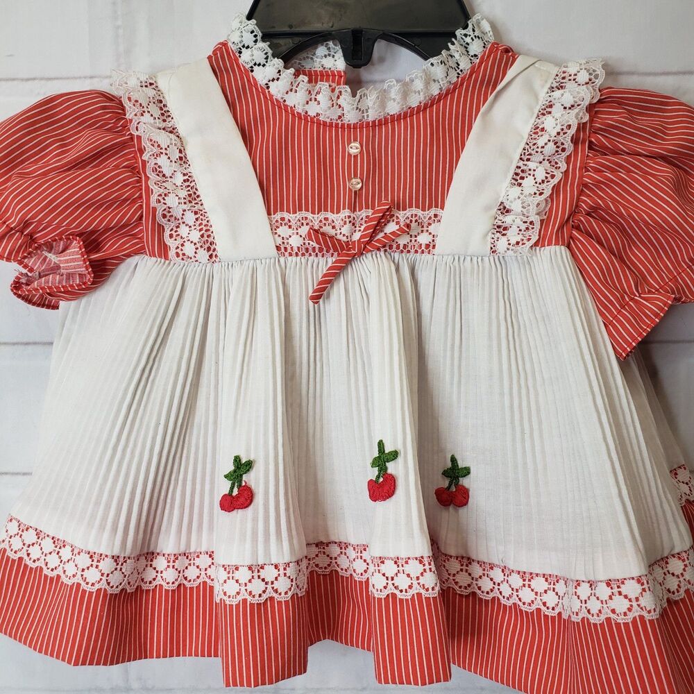 Vintage Cradle Togs Red White Striped Cherry Lace Baby Dress 0-3mo